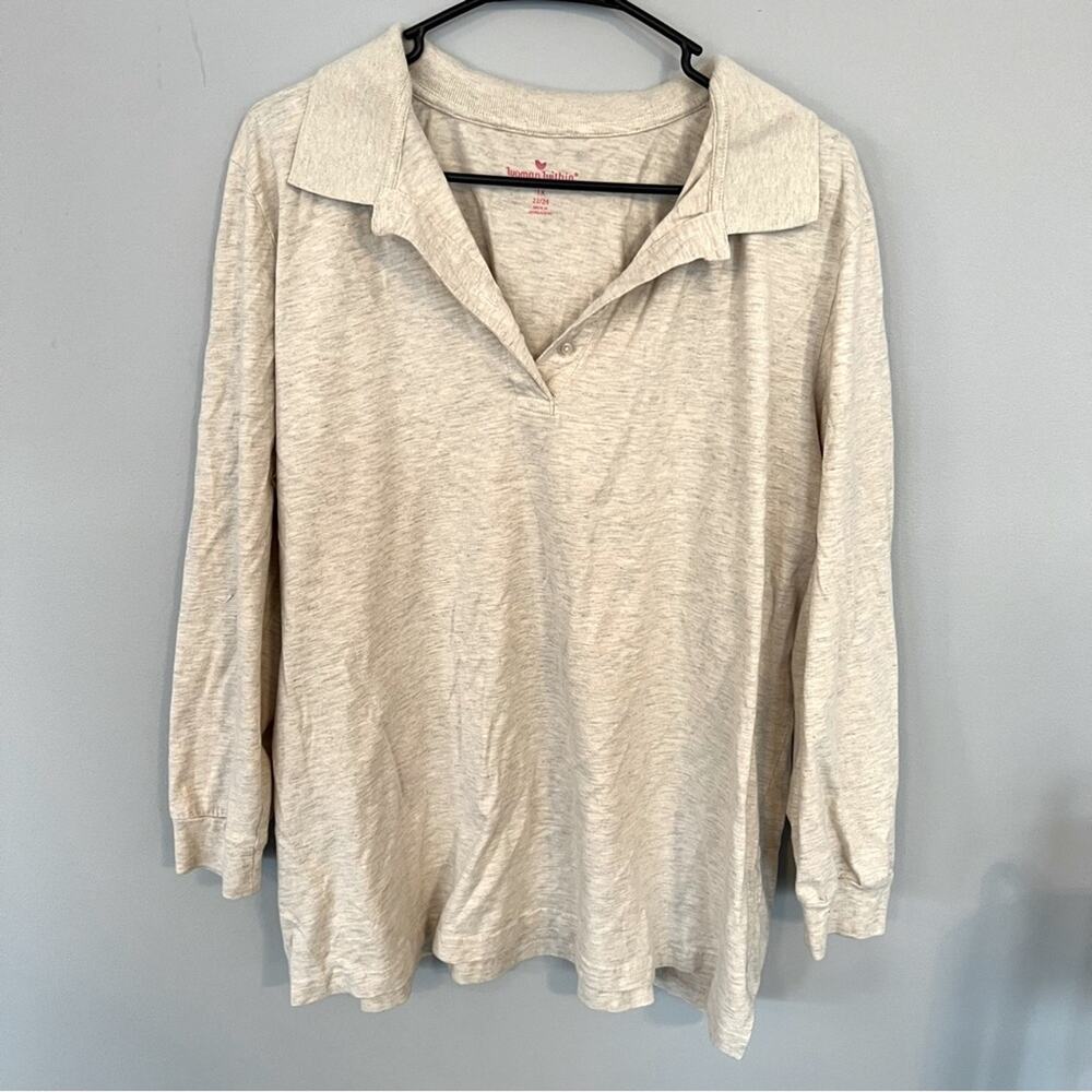Woman Within Collared Shirt Women's Plus Size 22 / 24 Long Sleeves Heather Cream
